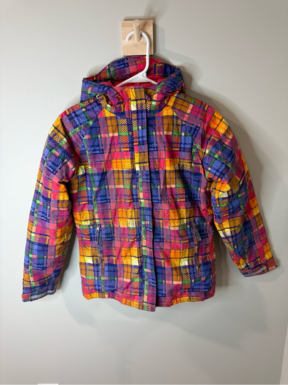 Vintage 90s Columbia Radial Sleeve Jacket Girls M 10/12 Colorful Plaid Ski Coat